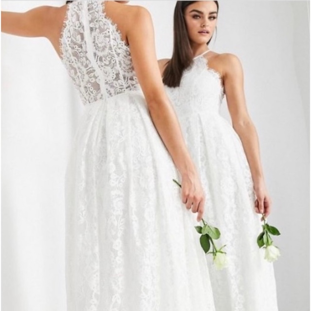 Floor length, all-lace, halter top dress. Perfect for beach wedding or prom!